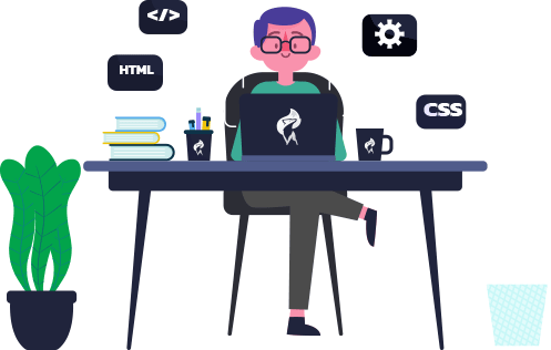 Ein Mann sitzt an einem Schreibtisch mit einem Laptop. Im Hintergrund sind mehrere Logos zu sehen (HTML, CSS, Zahnrad und </>